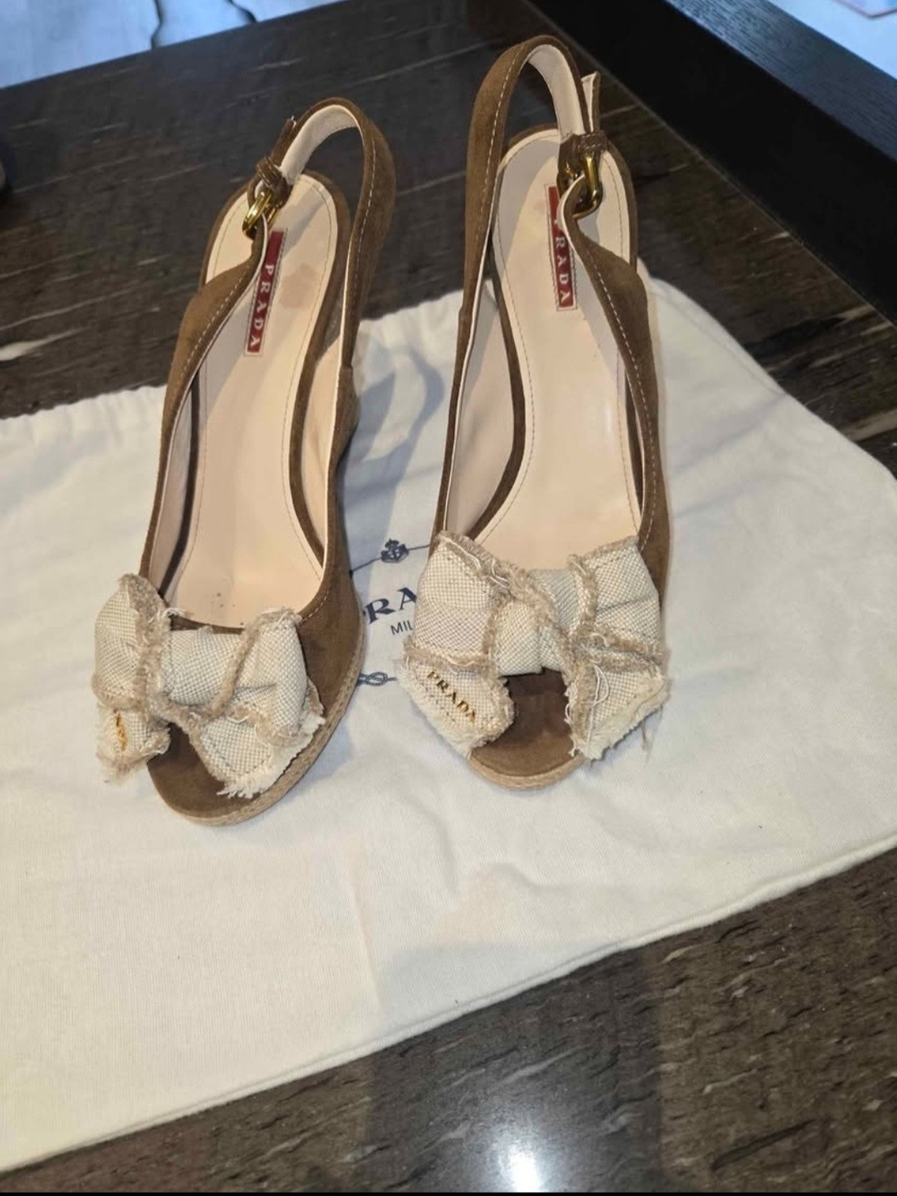 Prada Brown Suede Slingback Peep-Toe Heels with Bow